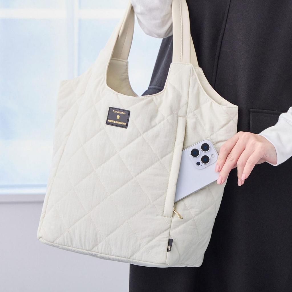 Rootote Women's Tote Bag with Movable Compartment, Large Capacity, Shoulder Strap, Freestanding, LT Round Paruti Quilted D 3674 (02 Ivory)