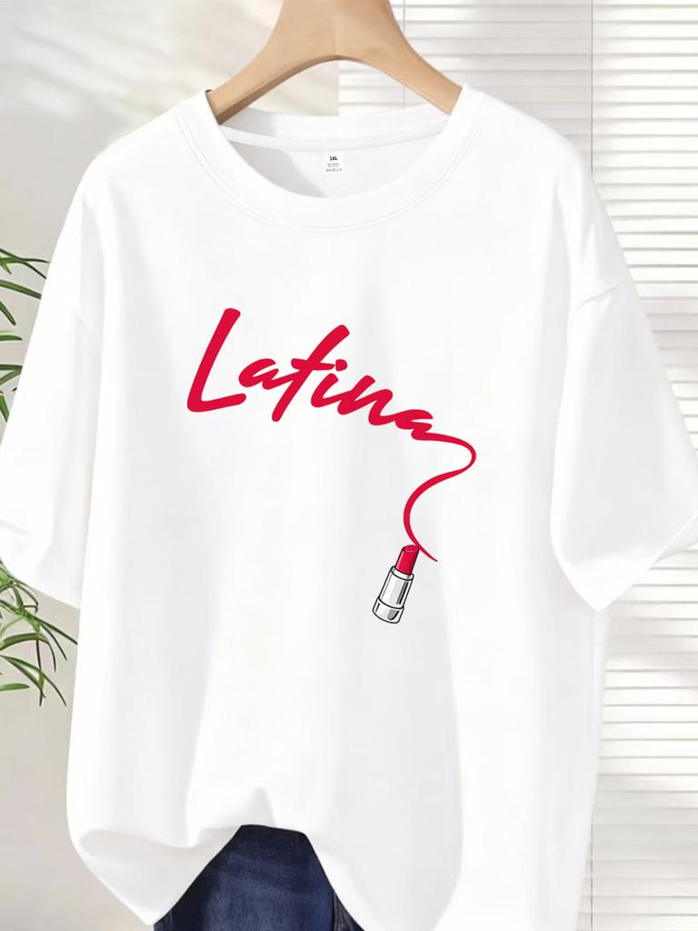 Zxh1010lipstick And Letters Plus Size Unisexs Round Neck Short Sleeve Tshirt With Elastic Half Sleeves And Trendy Prints