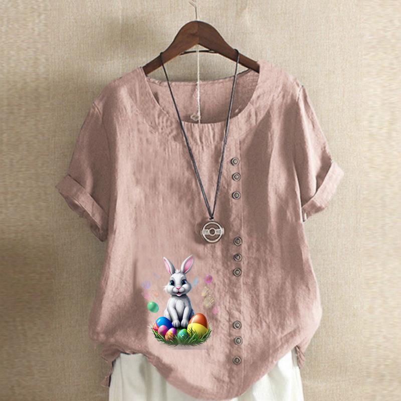 Damenmode T-Shirt mit Rundhalsausschnitt und Kaninchen-Print, kurzärmelig, lässig, Baumwolle, Leinen, Grafik, Freizeit, lockere Sommerbluse