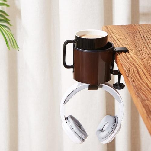 Bitze ??Luxury 2-in-1 Drink Cup Holder, Desk Cup Holder, Multifunctional Storage Rack for Computer Desks, and Earphone Holder (Coffee Color)