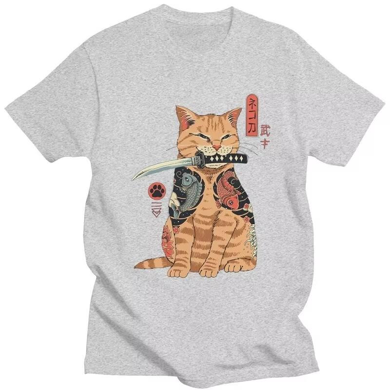Japanese Samurai Cat Graphic Tee Pure Cotton Streetwear T-Shirt Breathable Casual Top
