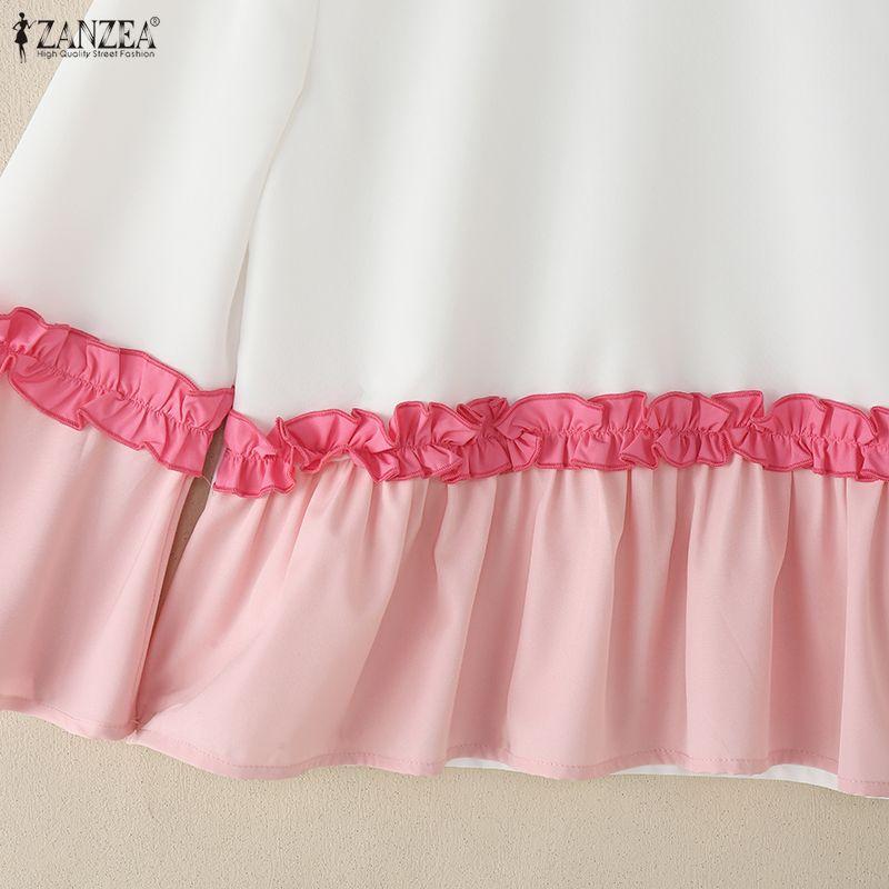 ZANZEA Damen Rundhals Patchwork 3/4 Ärmel Freizeitbluse