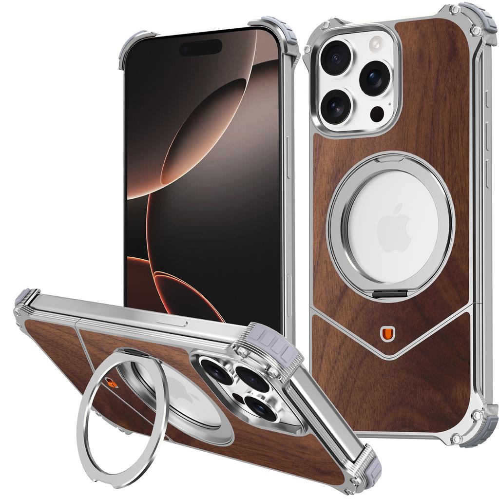For iPhone 15 Pro Max Magnetic Case Wood Covered Metal Boardless Phone Back Cover with Kickstand