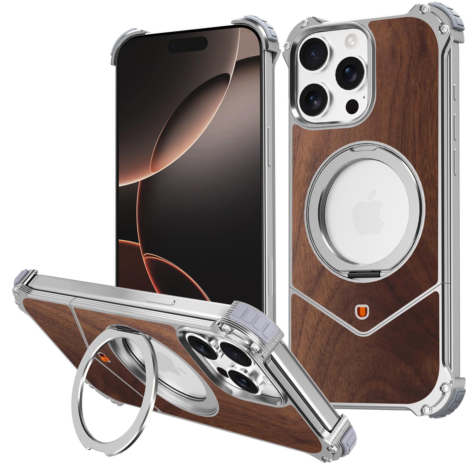 

For iPhone 15 Pro Magnetic Case Wood Covered Metal Boardless Phone Back Cover with Kickstand B