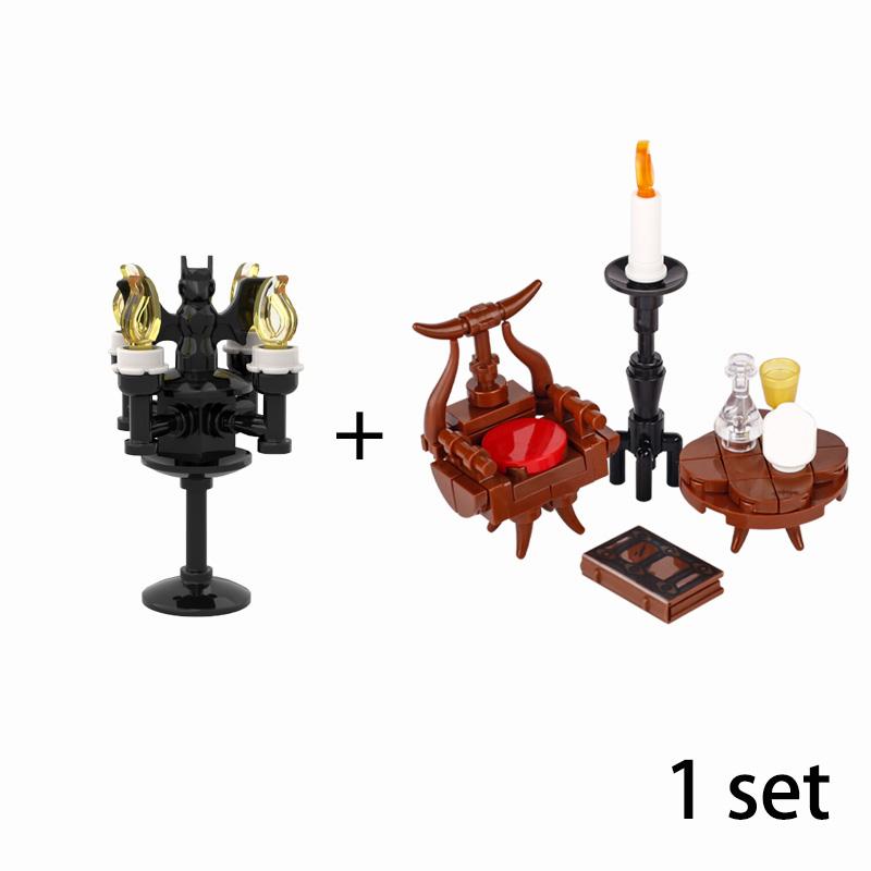 MOC Steine Mittelalter Alchemie Raum Küche Zauberer Trank Bausteine Teufelsquelle Schloss Straßenlaterne Hexen Figuren Szene Schädel