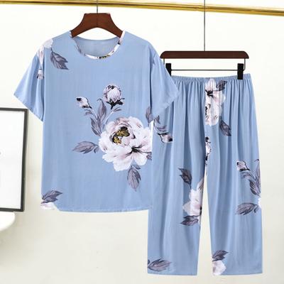 2 Pcs/Set Mid Aged Women Pajamas Set O Neck Flower Print Short Sleeve Elastic Waist Pleated Loose Thin Wide Leg Soft Mother Grandmother Sleepwear Top