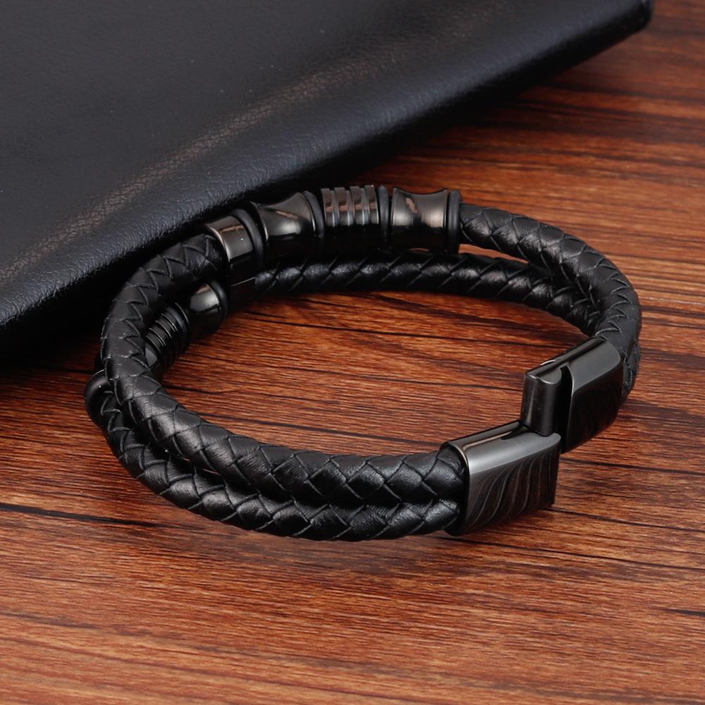 New Fashion Multilayer Leather Bracelet for Men Jewelry Punk Stainless Steel Bangle Magnetic Buckle Black Color
