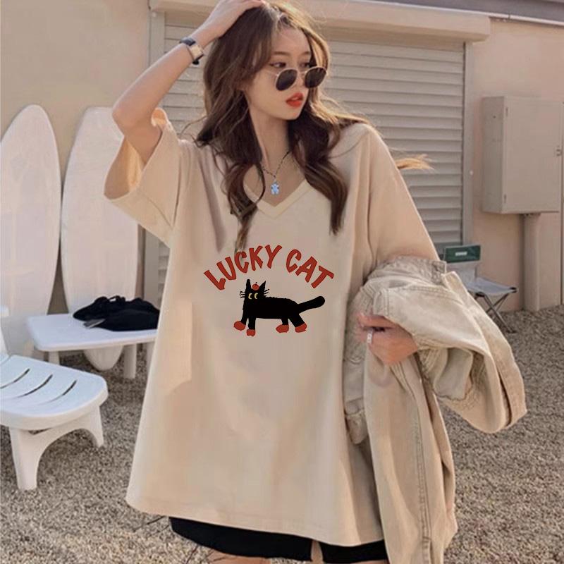 American Retro Hot Girl Top 2024 New plus Size Pure Cotton V-ne T-irt Women's INS Summer round Ne Casual ort Sve