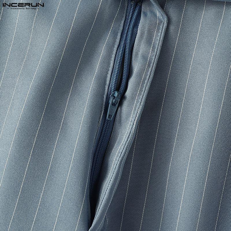 INCERUN Men Striped Outfits Stand Neck Long Sleeve Crop Tops Zip-Up High Waist Long Pants Sets