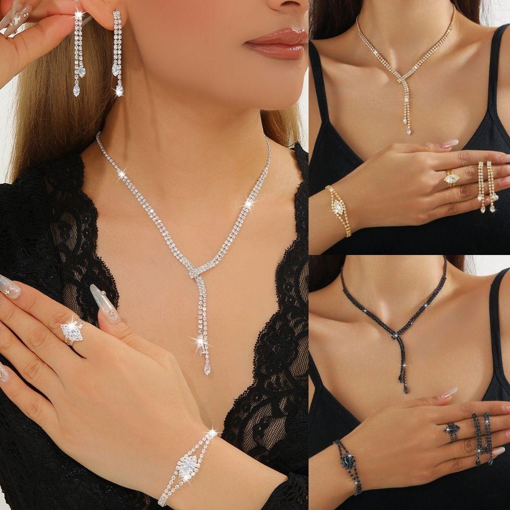 4PC Luxury Necklace Earrings Bracelet Ring Set Simple Women's Fashion Jewelry Kit  Banquet Accessory
