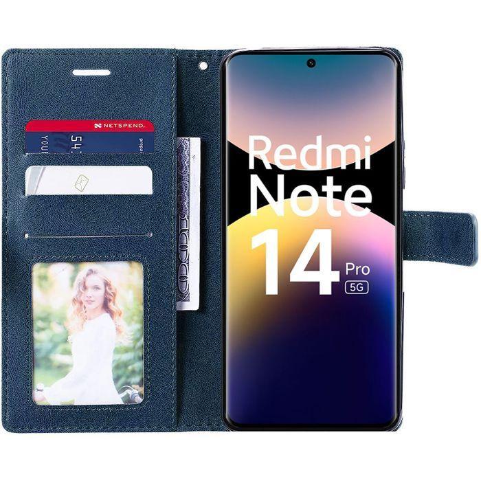 Coque et 2 Verres Trempés pour Xiaomi Redmi Note 14 Pro 5G (pas pour 4G) Protection Anti-Rayure Effet Cuir Bleu Marine