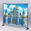 2Dflat1: A Blue Castle and Golden Banner Background with Polyester Fabric Wall Decoration. Suitable for Birthday Parties.