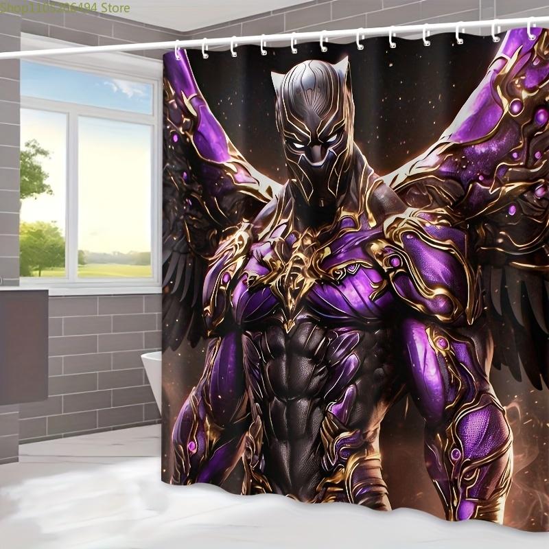 1pc Black Panther Shower Curtain - Polyester with Vibrant Purple & Golden Armor Design, Includes Hooks for Easy Installation,