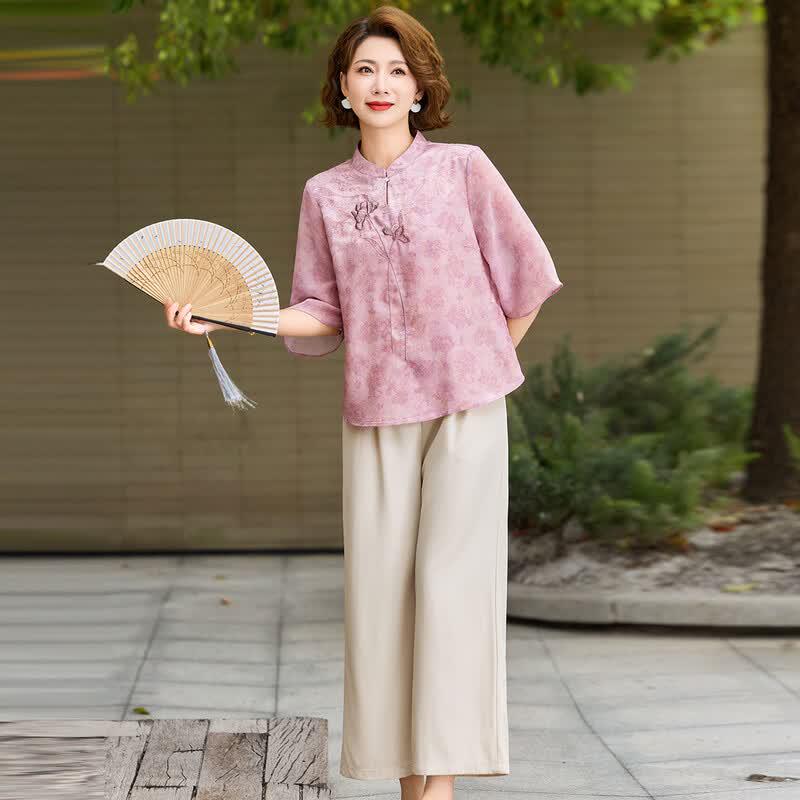 Elegant Chinese Style Jacquard Embroidered Summer Top & Pants Set