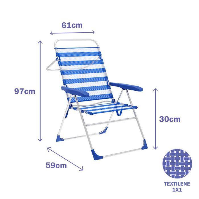 Chaise de Plage Pliable - Marbueno - Rayures Bleu Blanc - Aluminium - 5 Positions - Antioxydante
