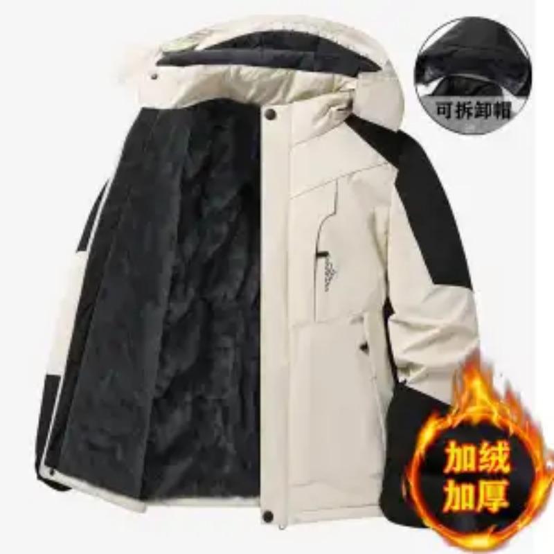 Herren Herbst- und Winter Kapuzenjacke Schwarz Outdoor Große Größe Wasserdicht und Winddicht Trendy Lässig Plus Samt Amerikanischer Stil