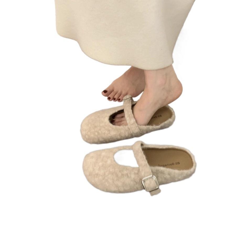 Retro Evening Wind One-word Buckle with Mary Jane Baotou Half Slippers Women's Outdoor Casual Thick-soled Felt Birkenstocks Shoes