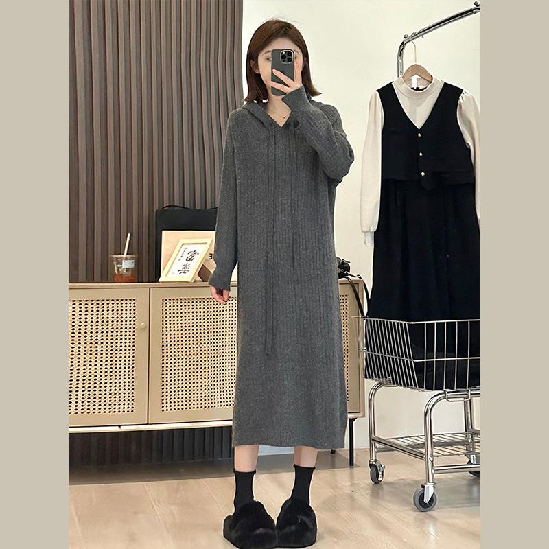Long base knitted dress women's autumn and winter new with coat inside loose lazy hooded sweater skirt
