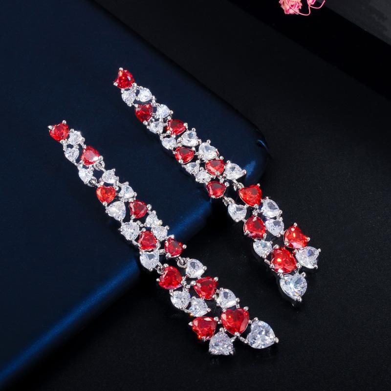 CMM Unique Love Heart Cut Sparkly Red Cubic Zirconia Long Dangle Drop Earrings for Women Jewelry Gift