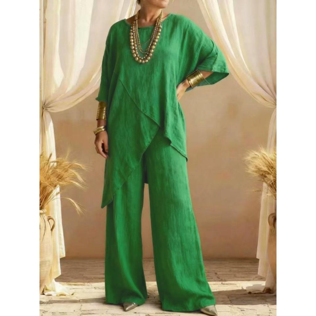 Women's Round Neck Irregular Hem 3/4 Sleeve Linen Look Top and Wide Leg Pants 2 Piece Casual Outfit