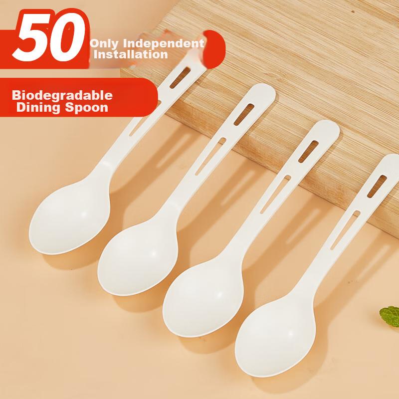 YOUAO Disposable Spoons, 50 Individually Wrapped, Corn Starch Soup Spoons, Food-Grade, Heat-Resistant, Takeout Dessert Packaging Spoons