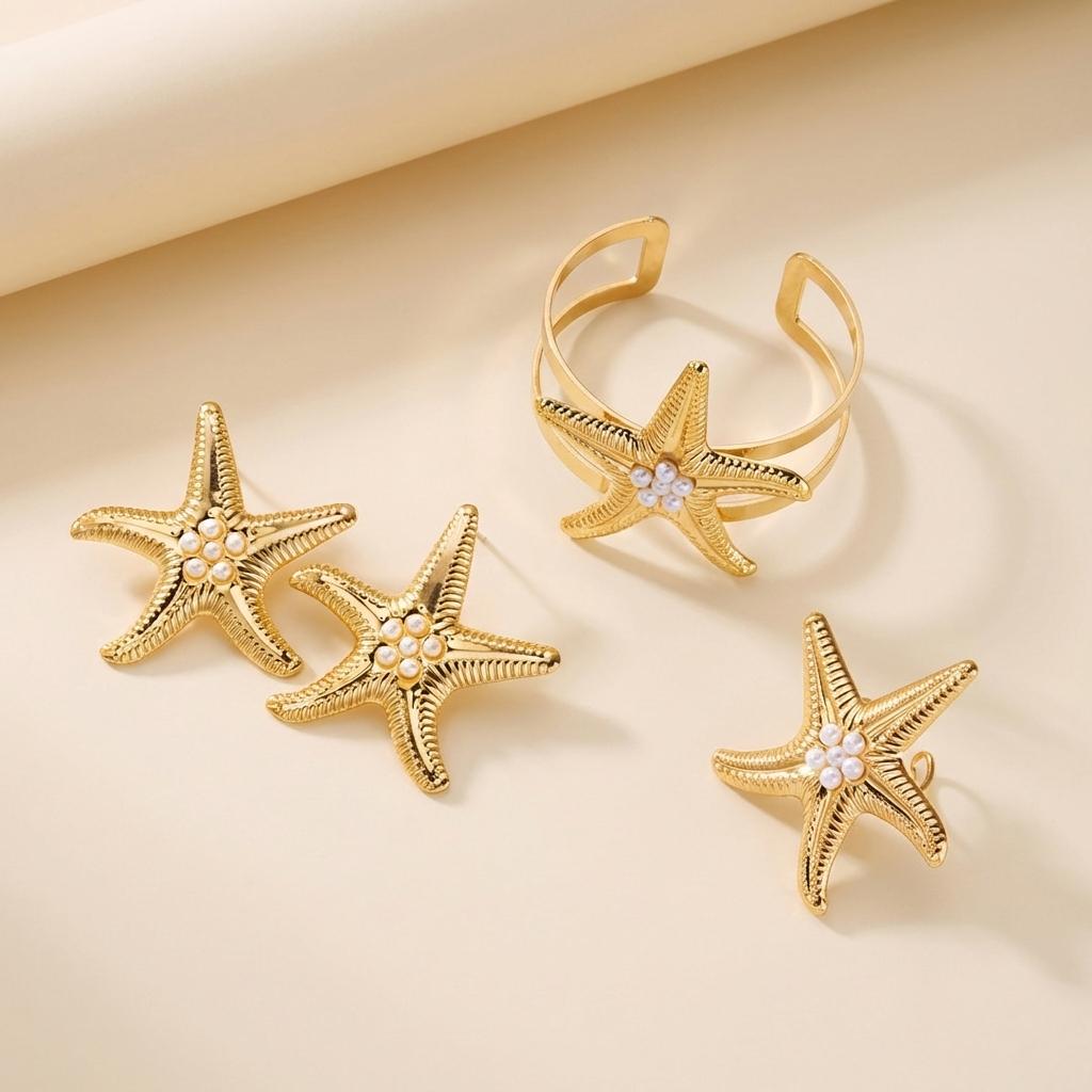 Exaggerated Metal Starfish Bangles Ring Earring Set for Women Bohemia Conch Open Cuff Bangles Beach Vacation Jewelry Gifts