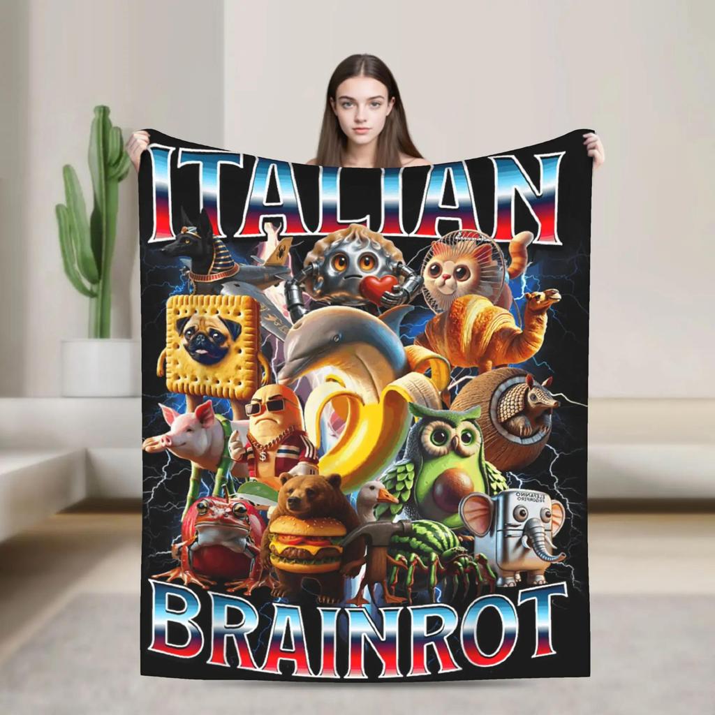 Six Seven Brainrot Meme Blanket Funny Italian Camping Throw Blanket in Flannel for Sofa Bed Bedroom