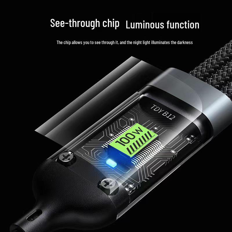 100W Transparent 3-in-1 Fast Charging Cable 6A for Android & Huawei - Braided Design