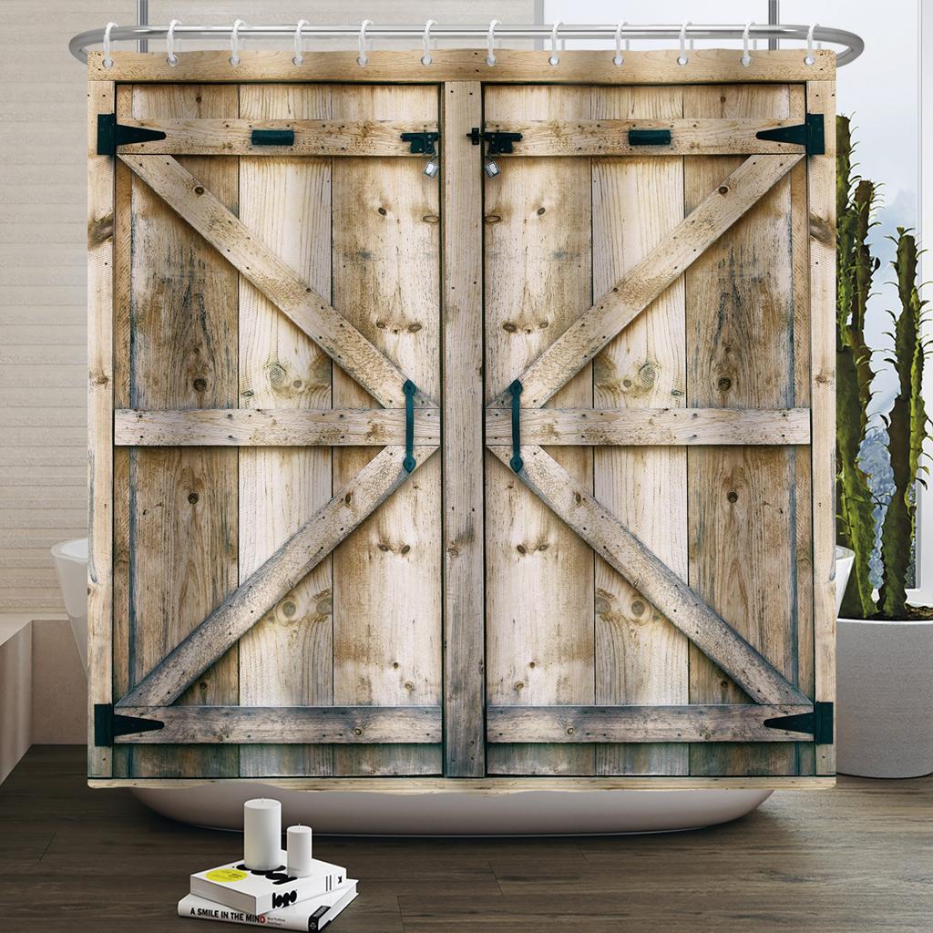 Retro Wood Door Shower Curtain Farmhouse Country Vintage Farm Barn Wooden Waterproof Polyester Shower Curtain for Bathroom Decor