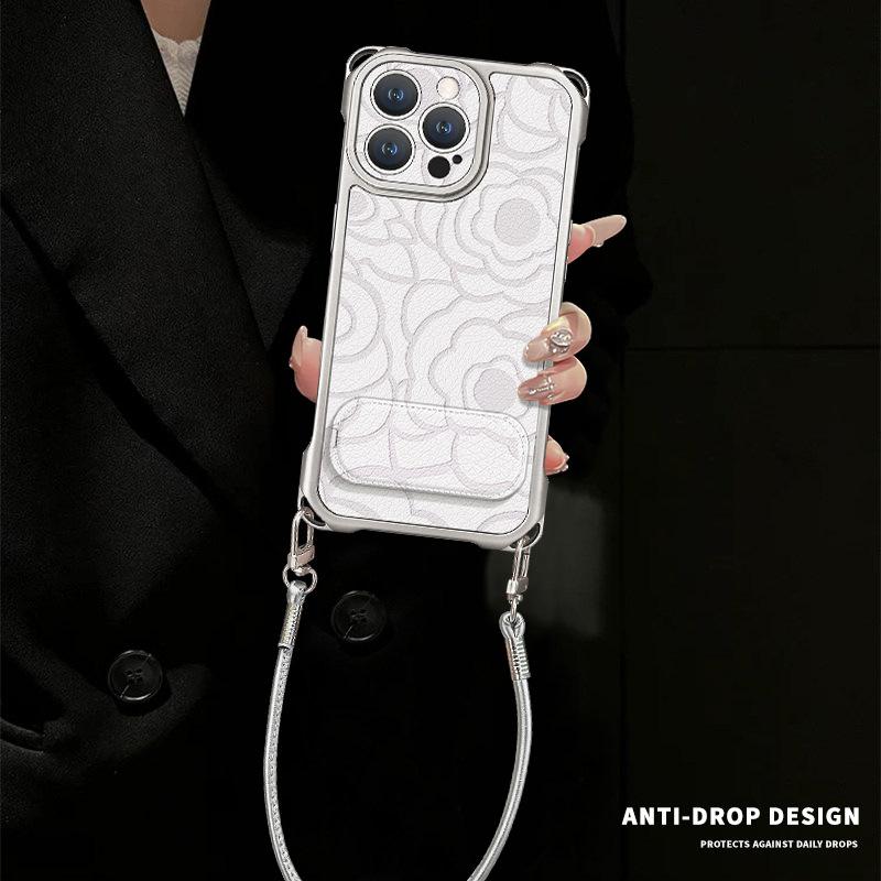 Rose printing applies to Apple 17 mobile phone case iphone15 four-corner lanyard 16promax bracket 14 lambskin.
