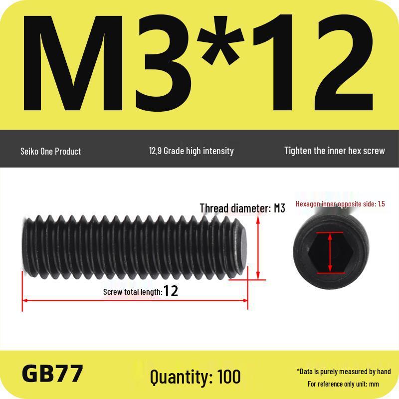 Class 12.9 Inner Hex Flat Head Headless Grub Screw M3-M12