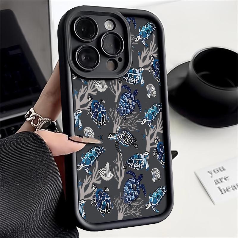 For iPhone 16 Pro 16E 15 Pro Max 14 13 12 11 Phone Case Shell Coral Turtle Pattern Anti-Fall Lens Protection Matte TPU Shockproof Soft Bumper Cover