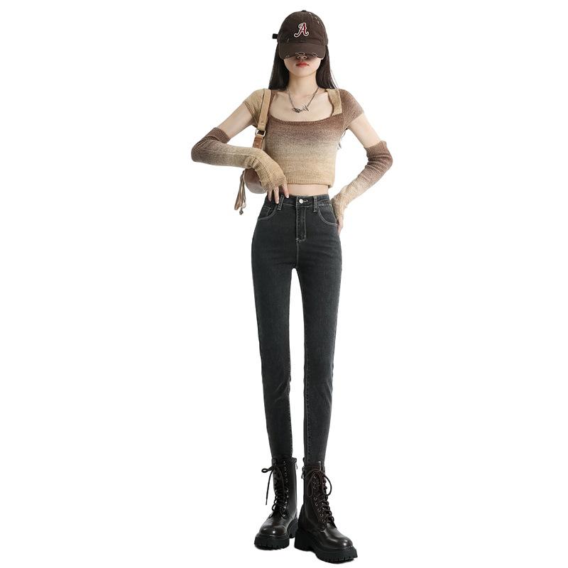 Women's Smoke Grey Fleece-Lined High-Waisted Denim Jeans, 2023 Trendy Stretchy Slim-Fit, Autumn/Winter Style, Flattering Small Leg Design
