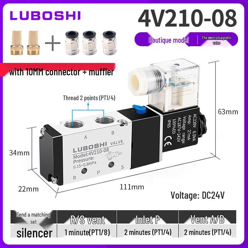 220V Pneumatický solenoidový ventil 4V410-15: 8mm Konektor, 2-polohový 5cestný řídicí ventil pro válec, 24V Směrový pneumatický ventil.