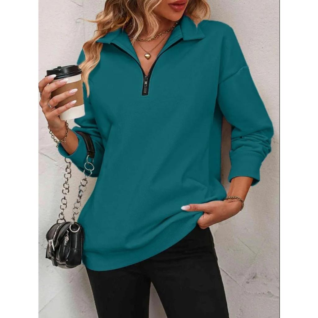 Felpa da donna con mezza zip e maniche lunghe, vestibilità ampia, casual, tinta unita, top pullover