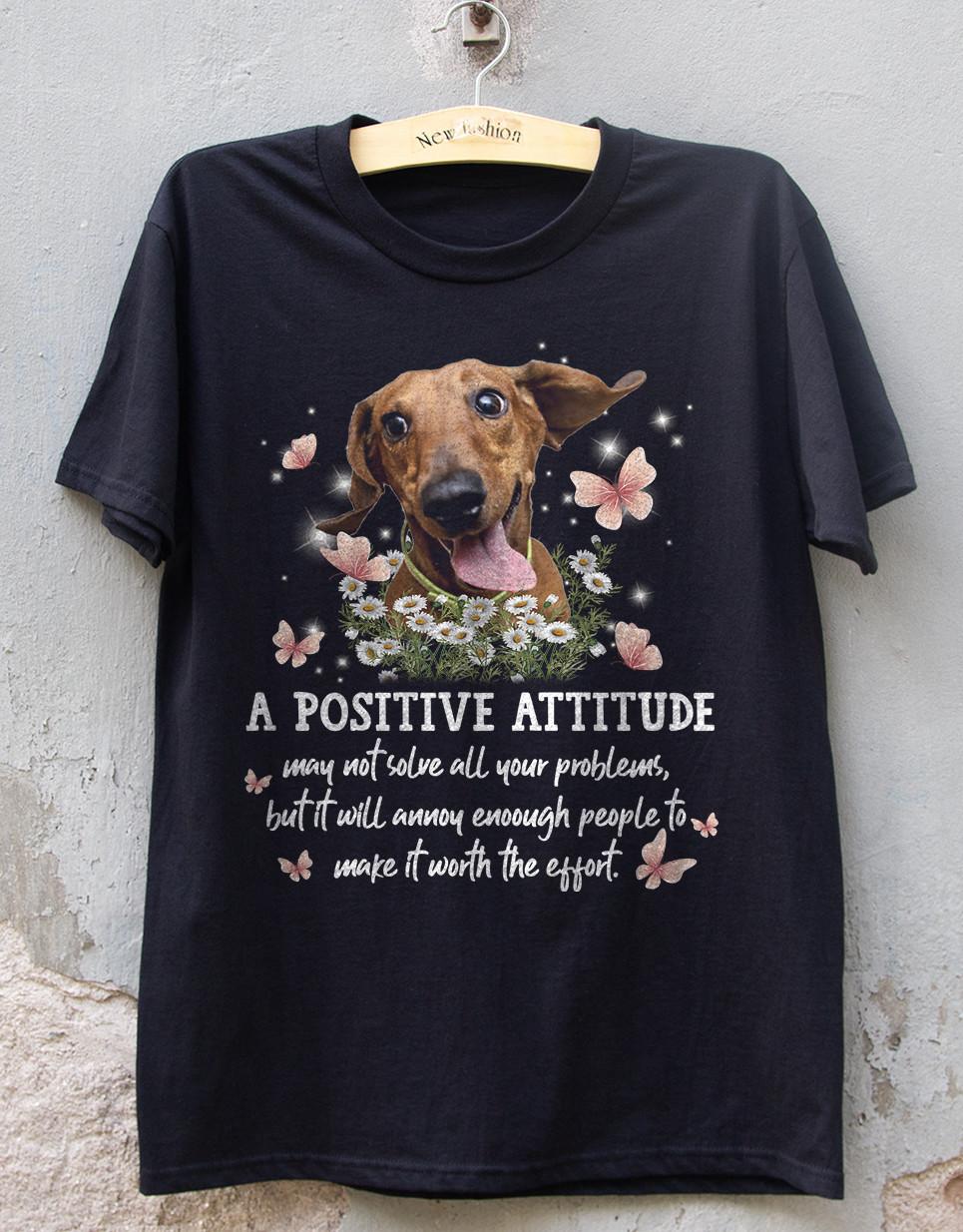 HOT! Dachshund Positive Attitude Black Heavy Cotton T-Shirt S