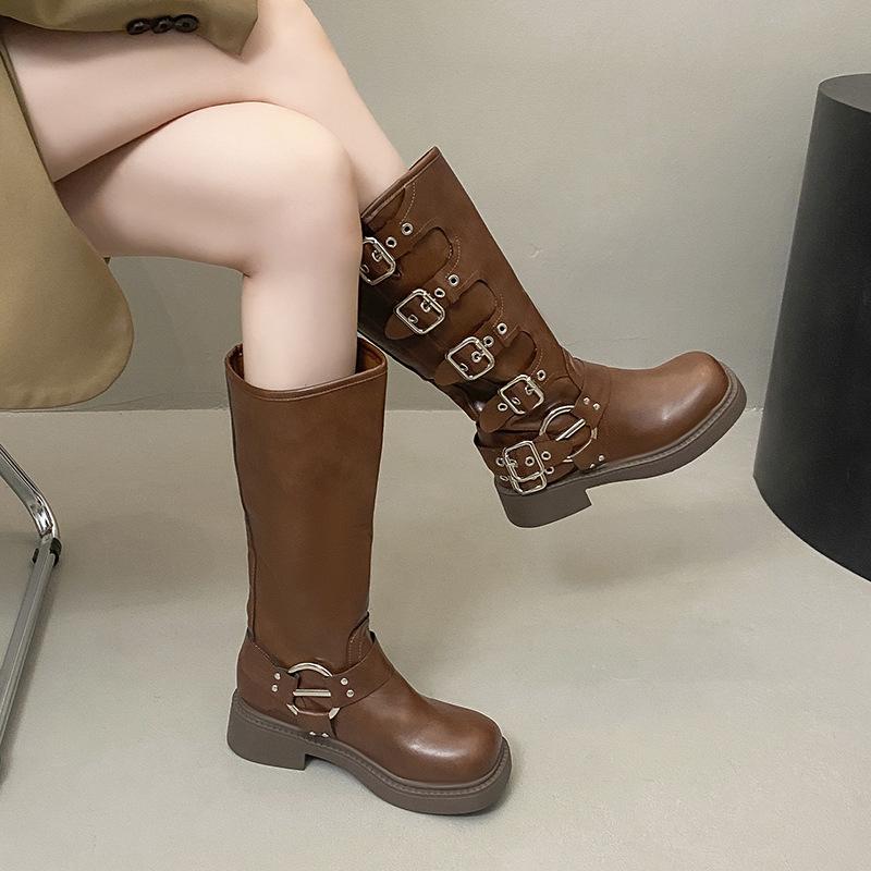 Brown Martin Boots Women's 2025 New Retro Small Boots Western Leather Shoes with Skirt Belt Buckle Knight Boots