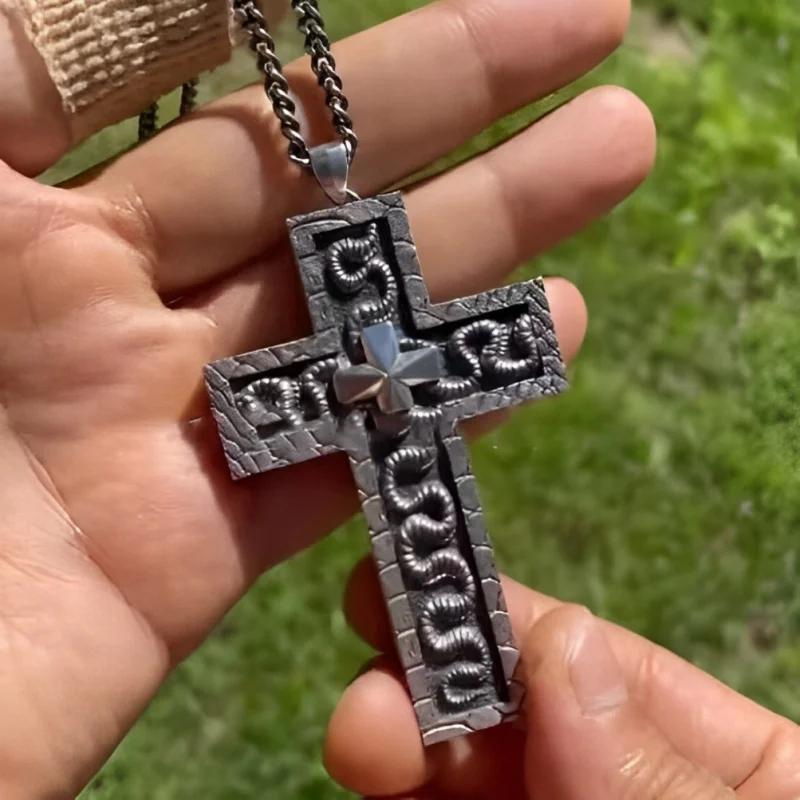 Cross Pendant Necklace with Secret Compartment Openable Stainless Steel Chain Pendant Necklace Vintage 3D Printed Charm Jewelry