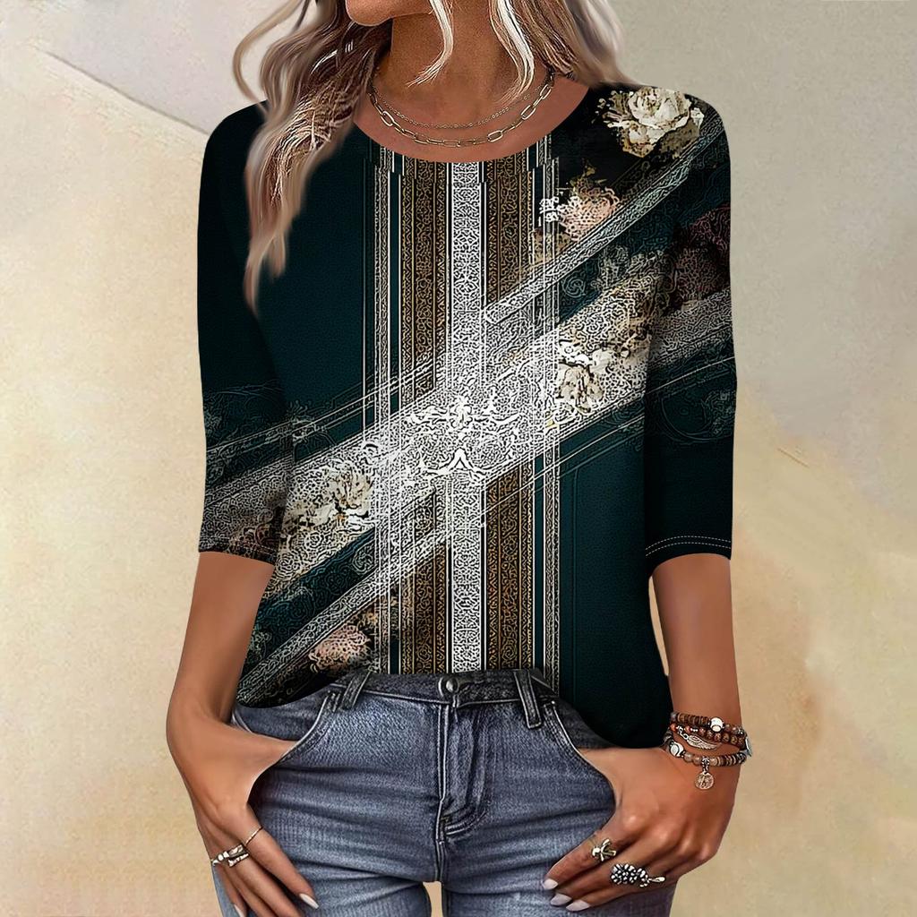 Trendy Vintage 3/4 Sleeve Top For Women,Ladies Casual Three Quarter Sleeve Round Collar Printed T-Shirt Blouse