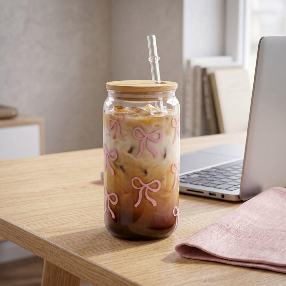 Large Capacity Bow Cup With Lids Milk Tea Cup Cute Clear Straw Cup Student