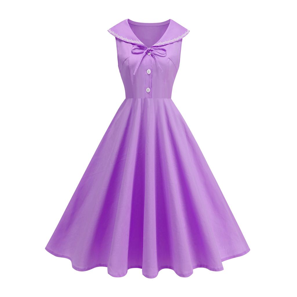 Women's Fashion Party Solid-Color Short-Sleeve Collared Bow Casual Dress For Summer