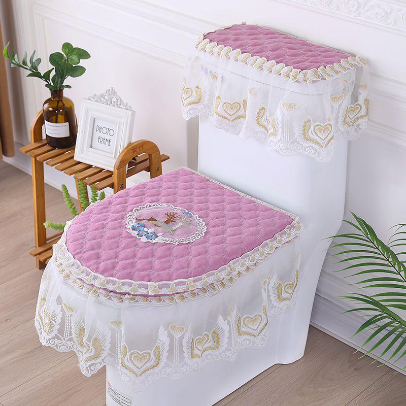 Universal European Style Double-Sided Toilet Seat Cover Set with Zippered Lace Fabric - All Seasons, Three-Piece Set.