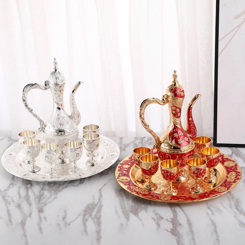 Wine Set, Alloy Home Wine Pot Glass Set, European Exquisite Vintage Wine Glass, Creative Desktop Living Room Decoration,1Set
