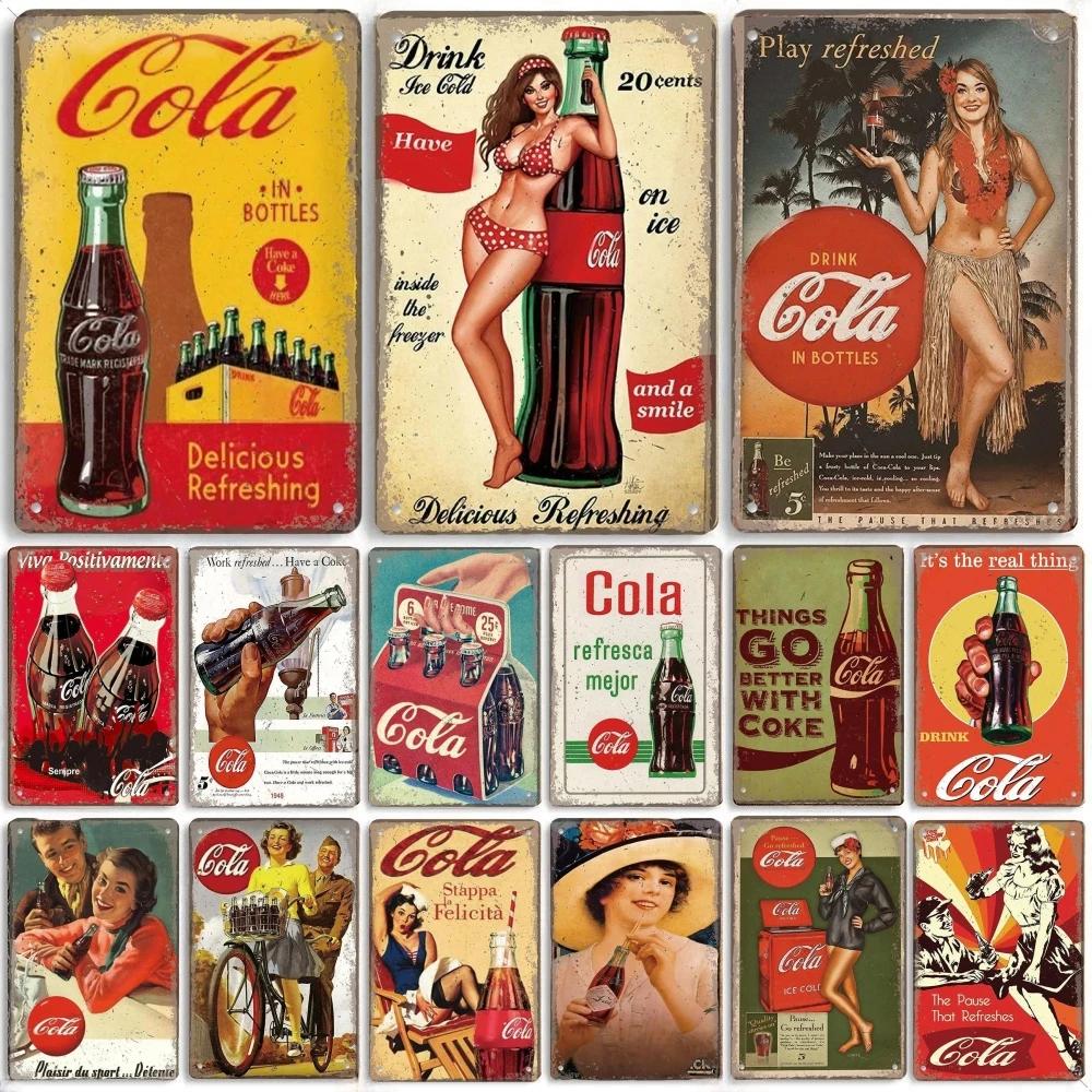 Cola Soft Drinks Poster Metal Tin Signs Vintage Girls Drink Cola Bottles Metal Plate Wall for Bar Pub Club Restaurant Decor