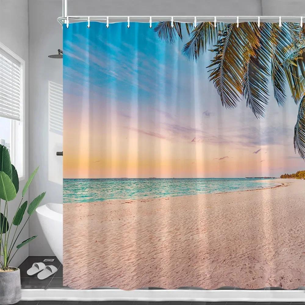 Ocean Landscape Shower Curtains Beach Coconut Tree Dolphin Sea Waves Summer Nature Scenery Bath Curtain Cloth Bathroom Decor Set