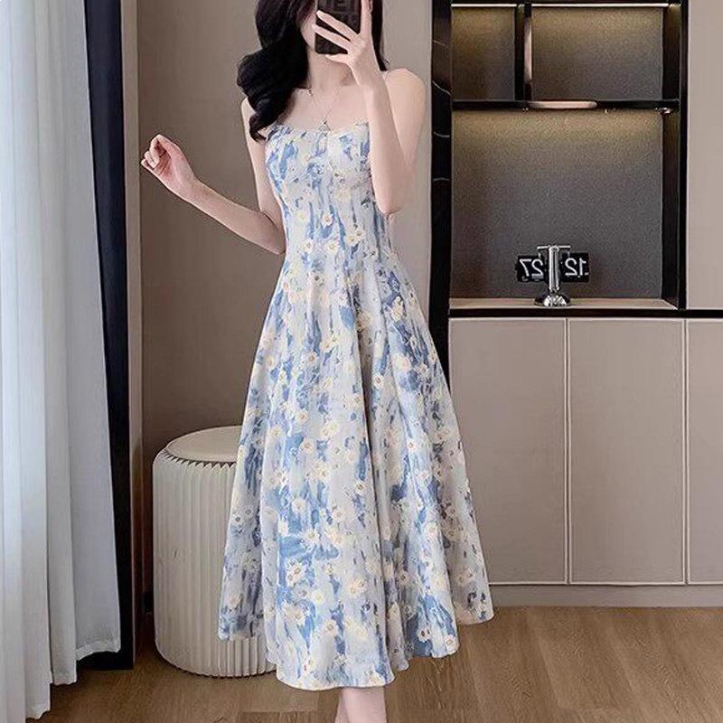 French blue floral suspender dress women's summer beads new holiday style fairy dress waist and thin temperament
