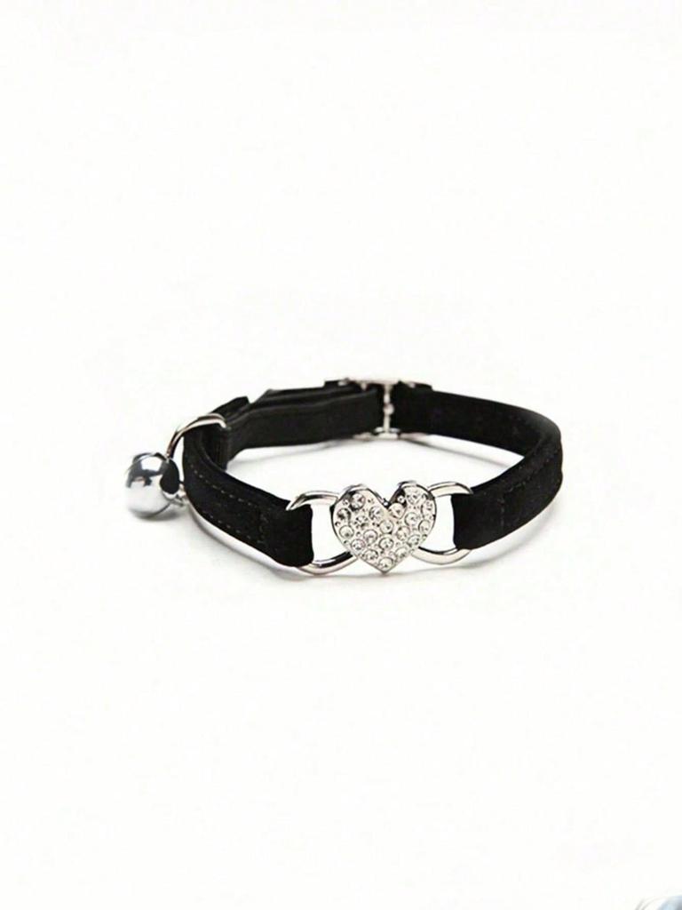 1pc Pet Collar With Rhinestone Heart & Bell Decoration, Cat Collar