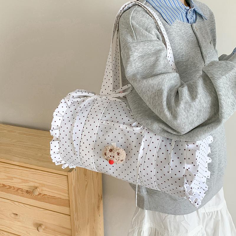 

Canvas bag Bucket bag Polka dot two-dimensional pain bag Large capacity college style shoulder bag Women белый