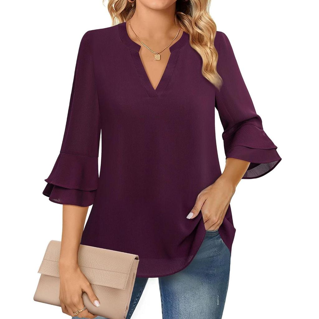 Women's Fashion Casual Seven Points Flared Sleeve Double Layer Chiffon Drawstring Solid Colour V-Neck Top