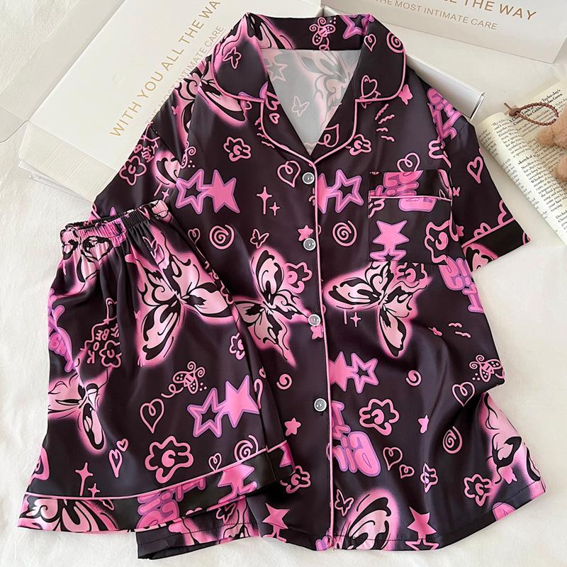 Sweet And Cool Girl Ice Silk Pajamas Women'S Summer Butterfly Print Short-Sleeved Loose Loungewear Set